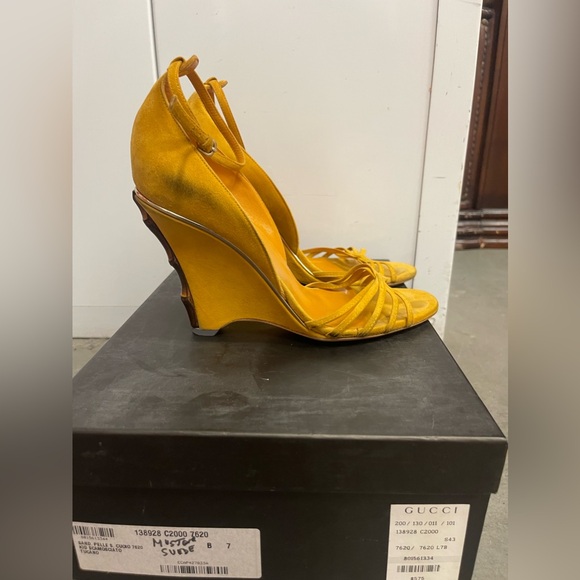 Mustard, yellow suede, Gucci wedges - Picture 5 of 7